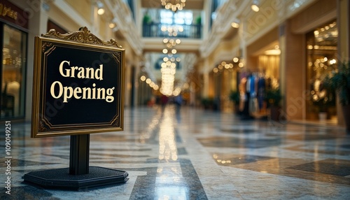 A decorative sign announcing a grand opening in a stylish indoor shopping area.