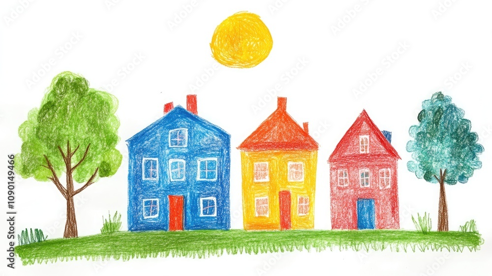 Naklejka premium A simple drawing of a colorful street in kids' style, featuring vivid pastel colors, playful designs, and creative charm. Perfect for art themes.