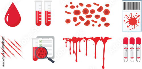 Illustration of blood, including a drop of red blood, blood test tube, erythrocytes red blood cells, hematology test kit, blood wounds, hematology and blood splatter. Vector illustration