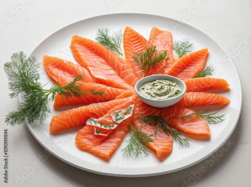 Thinly sliced Gravlax arranged on a pristine white plate. photo