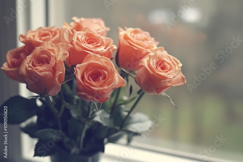 A vibrant arrangement of roses in a vase on a sunny windowsill, symbolizing love and affection, perfect for celebrating Valentine's Day.