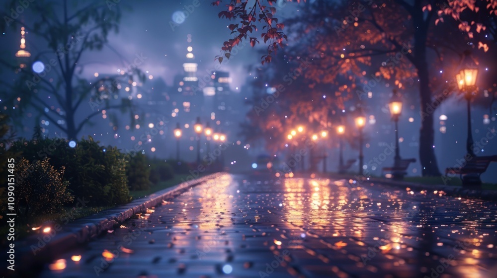 A serene, illuminated park pathway on a rainy night. A serene, illuminated park pathway on a rainy night.