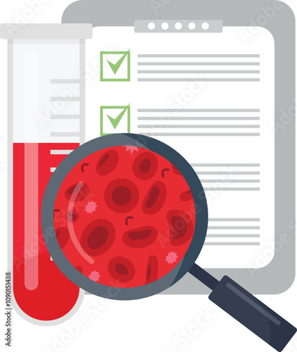 Hematology concept with red blood cell in test tube. Hematology concept with red blood cell tube laboratory analysis flat examine. Hematology blood red cell liquid