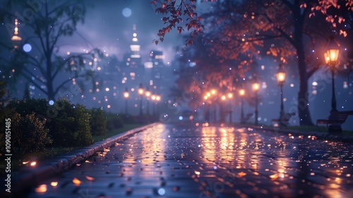 A serene, illuminated park pathway on a rainy night.