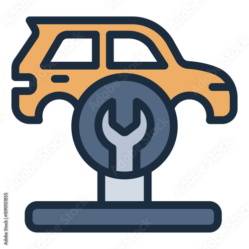 Car on lift filled line icon for body repair and structural work