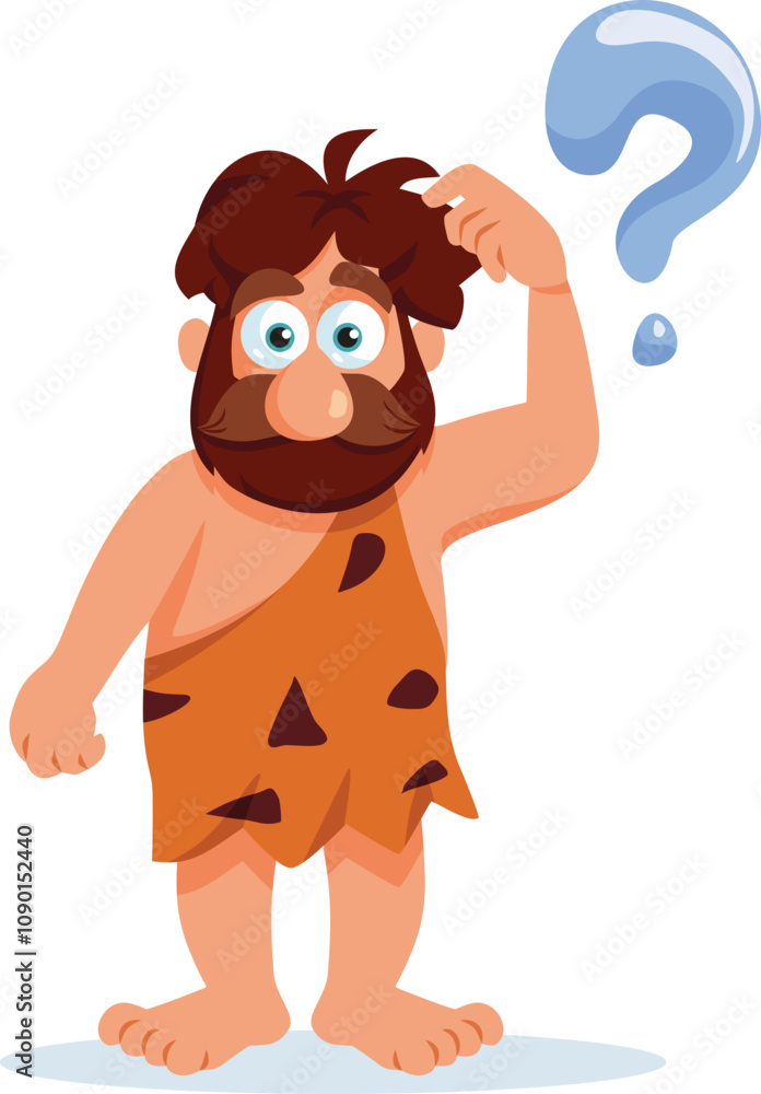 Obraz premium Prehistoric Man Wondering Feeling Puzzled Vector Cartoon character. Ancient human staring to think and develop questions and ideas 