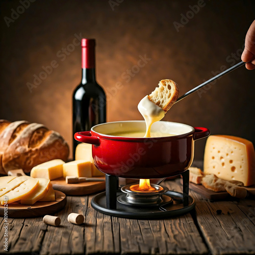 A piece of bread dipped into a pot of French cheese fondue, close up, melt cheese, food photography, holiday food, party food, healthy food, bakery, delicious, meit, cheese, French, food, wine, drink, photo