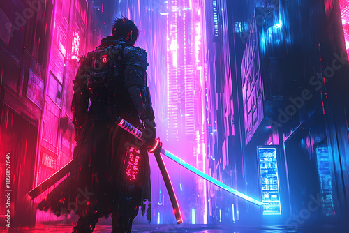Cyber Samurai with Glowing Katana in Neon Alley - Gaming Wallpaper
