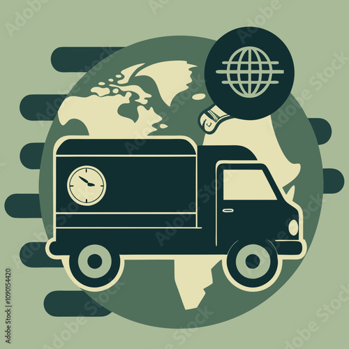 Delivery truck illustration with global map for logistics and shipping concepts