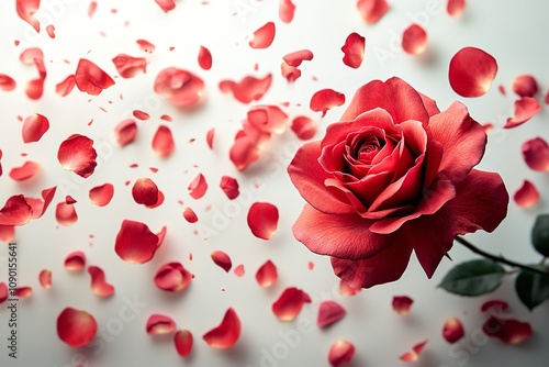 On a white backdrop, an exquisite red rose with strewn petals, isolated in motion. Generative Ai