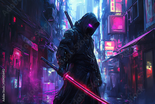 Cyber Samurai with Glowing Katana in Neon Alley - Gaming Wallpaper