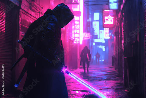 Cyber Samurai with Glowing Katana in Neon Alley - Gaming Wallpaper photo