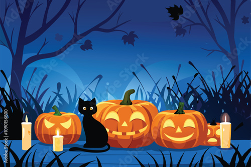 A vibrant Halloween pumpkin patch scene featuring a black cat playfully perched amongst orange pumpkins, creating a festive autumnal backdrop ideal for promotional use.