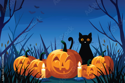 A vibrant Halloween pumpkin patch scene featuring a black cat playfully interacting with pumpkins, ideal for promotional use.