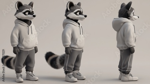 A stylized raccoon character wearing a hoodie and sweatpants, shown from multiple angles. photo