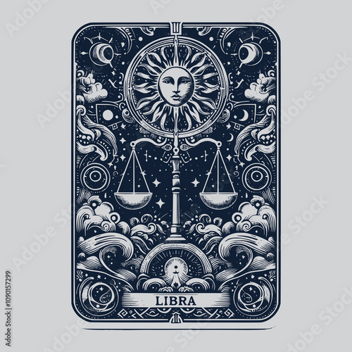 hand-illustrated libra zodiak tarot tattoo