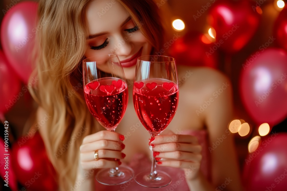 A blonde woman joyfully holds two wine glasses filled with red wine, creating a romantic atmosphere perfect for Valentine's Day celebrations. A blonde woman joyfully holds two wine glasses filled with red wine, creating a romantic atmosphere perfect for Valentine's Day celebrations.