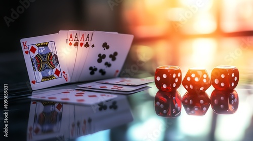 Playing cards and dice on a reflective surface. photo