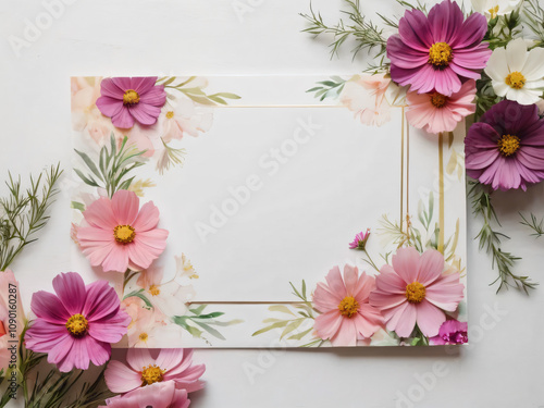 Wedding invitation featuring soft watercolor flower border.