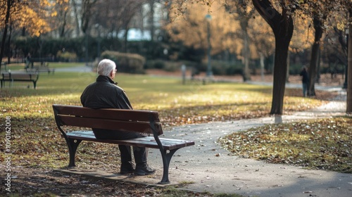 An isolated elderly person sitting on a park bench, Reflecting on the loneliness and isolation faced by the elderly, minimalistic style