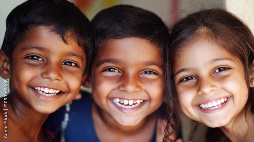 Fototapeta premium Closeup of three children, a Black boy with a joyful expression and short hair, a white girl with wavy hair and a bright smile