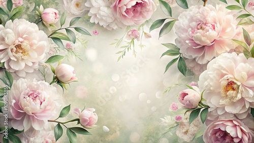 Soft Pastel Peonies and Lush Greenery Create a Romantic Floral Arrangement Ideal for Wedding Invitations, Greeting Cards, or Home Decor