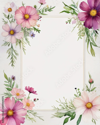 A blank wedding invitation adorned with a watercolor floral frame