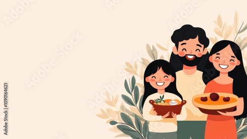 Happy family sharing delicious home-cooked dishes together.