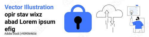 Blue lock symbolizing data security, cloud with arrows for storage, and technician with headphones. Ideal for tech support, cybersecurity, cloud services, IT, business solutions, tech articles