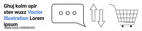 Speech bubble with three dots, up and down arrows, shopping cart outline. Ideal for e-commerce, user interface, customer feedback, online shopping, analytics, mobile apps, and web development. Banner