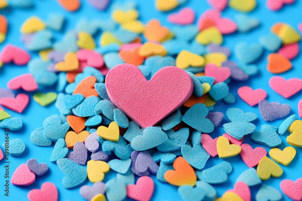 Fototapeta premium A vibrant array of colorful hearts scattered across a serene blue background, perfect for celebrating love and affection on Valentine's Day.
