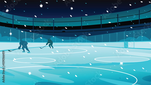 A pristine ice hockey rink, blanketed in fresh snow, with brightly glowing white lines marking the playing area.  The scene is serene and wintery.