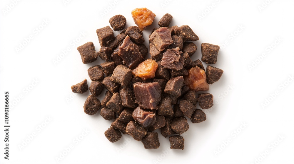 Obraz premium 71.A detailed overhead view of a serving of pet food on a clean white background, featuring a mixture of moist canned meat chunks in sauce and dry kibble. The rich, savory texture of the canned food