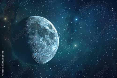 A celestial body, possibly a moon or planet, with a cratered surface, is seen in a vast, starstudded dark blue space. photo