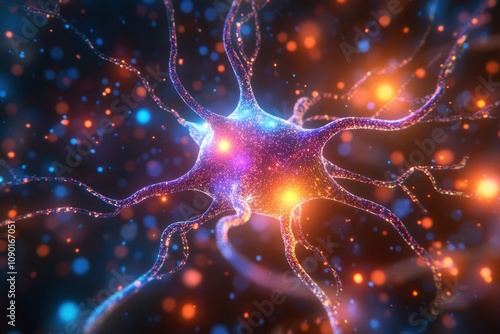 A vibrant depiction of a neuron with glowing connections, illustrating neural activity. photo