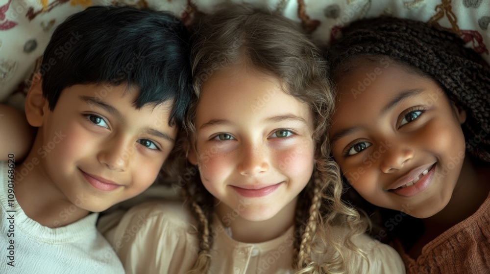 Obraz premium Closeup of three children, a South Asian boy with a playful expression and short dark hair, a white girl with curly blonde hair and bright green eyes