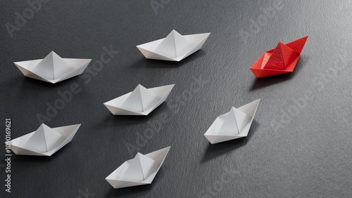 Individuality concept. Individual and unique leader red paper boat flies to the side. 3D illustration.3D rendering on black background. photo