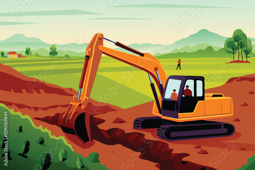 A rural road construction site showing an excavator digging, earthworks in progress, and partially completed asphalt.  Focus on the machinery and the undeveloped landscape.