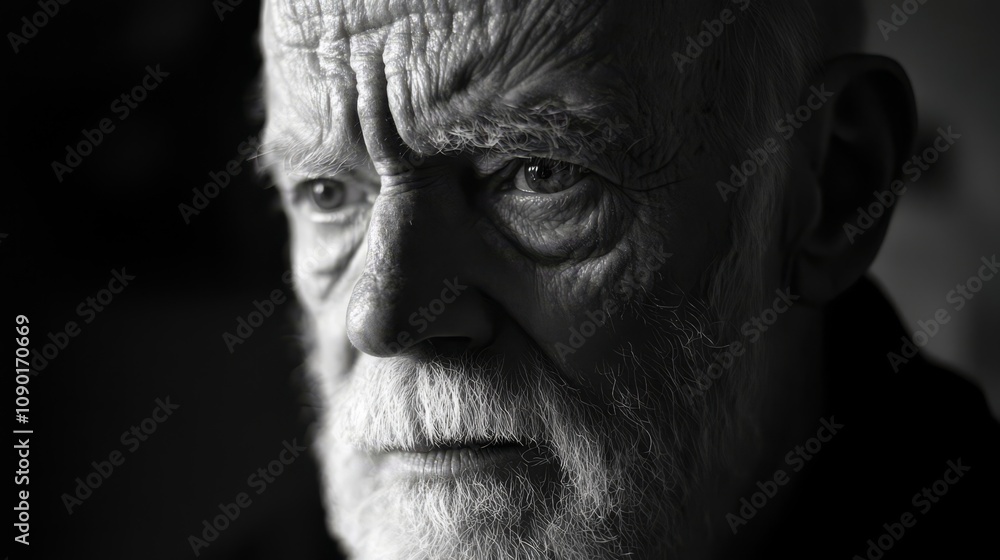 Obraz premium Close-up portrait of a senior man with a white beard and a serious expression.