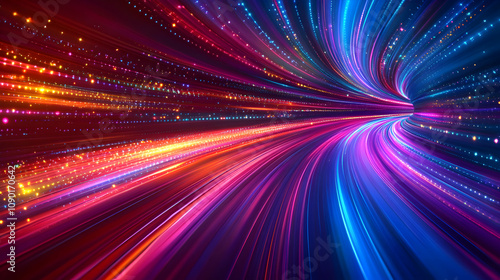 Abstract 3D Illustration of a Colorful Light Tunnel with a Blurry Effect and a Digital Background