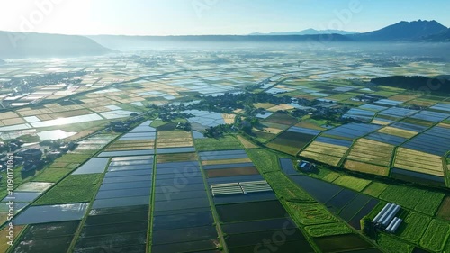 田園、水田、空撮、風景、景色、田畑、農地、ドローン、俯瞰、農業、農家、環境、自然、農耕、稲作、ハウス、灌漑、耕作地、開墾、平野、盆地、都市、街、社会、一次産業、反射、ハイアングル、展望、パノラマ、鳥瞰図、上から見た、見下ろす、地平線、景観、畦道、農道、住宅、SDGs、サステナビリティ、グリーン、サステナブル、用水路、農村、水張り、湛水、転作、作付け、水稲、交付金、飛行 photo