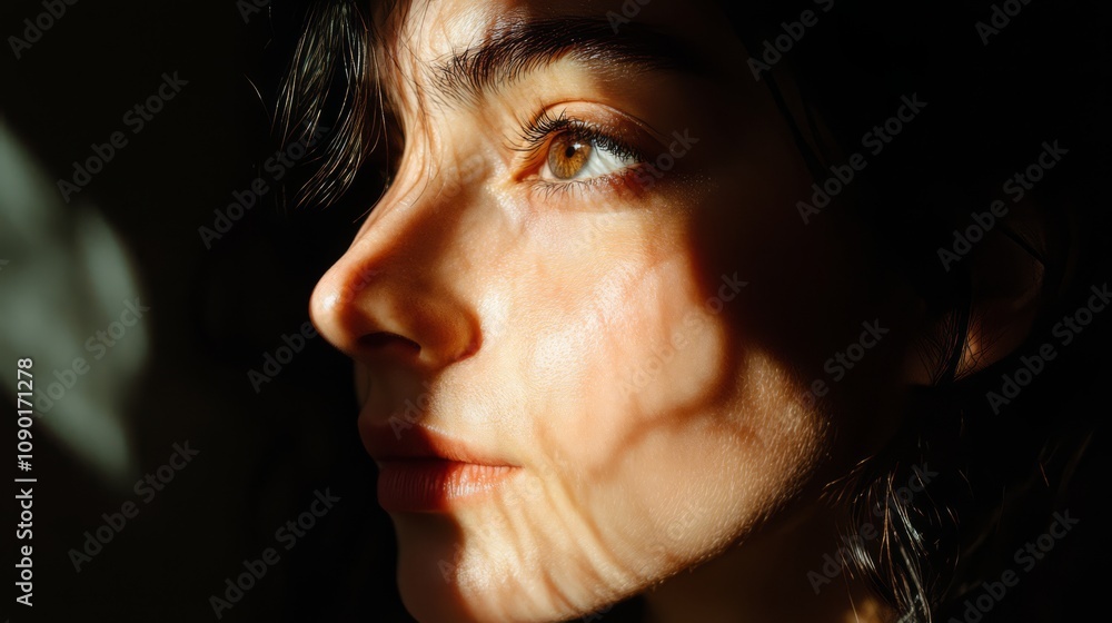 Fototapeta premium Close-up portrait of a young woman looking away, her face illuminated by sunlight streaming through a window.