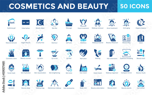 Cosmetics and Beauty icons set with eyebrow gel, false lashes, beauty sleep, spa day, massage, facial treatment, makeup remover, acne treatment, anti aging, organic beauty icon. Simple flat vector 

