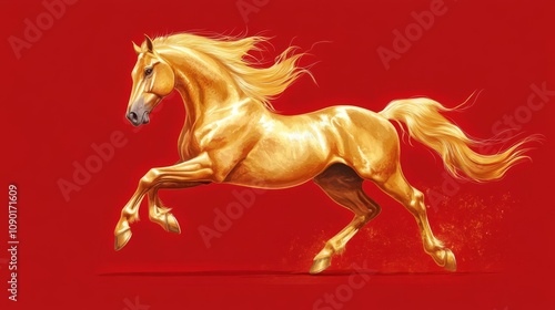 golden Chinese horse for new year on red background . Chinese Zodiac signs concept.