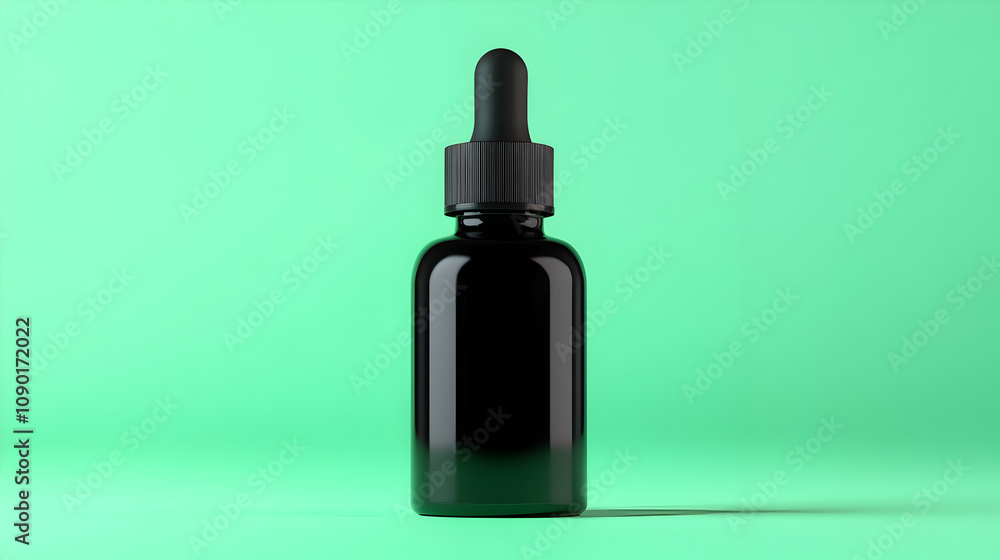 A Black Dropper Bottle with a Dropper Top Sits on a Green Background. A Black Dropper Bottle with a Dropper Top Sits on a Green Background.