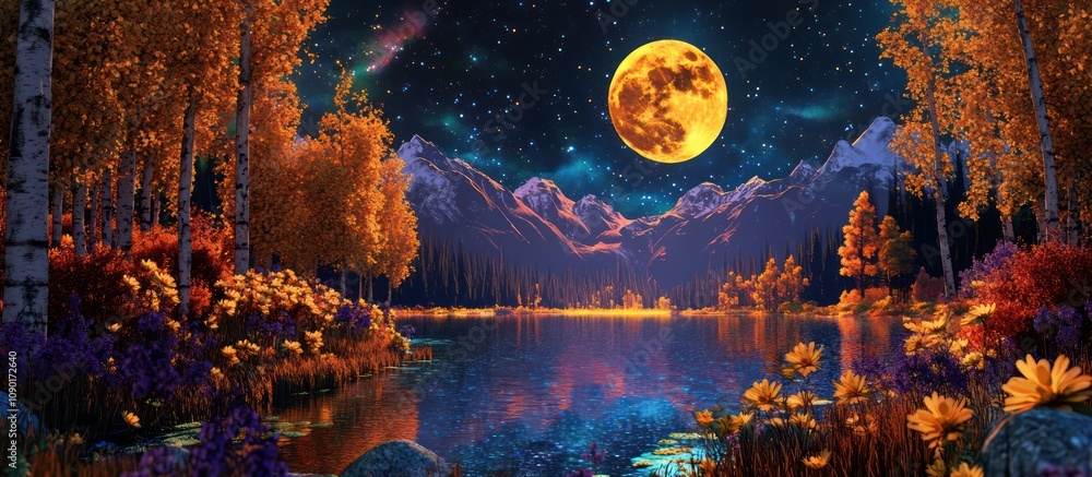 Enchanted Autumn Lake Under a Giant Orange Moon Enchanted Autumn Lake Under a Giant Orange Moon