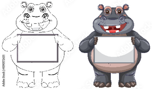 Hippo Holding Blank Sign Illustration