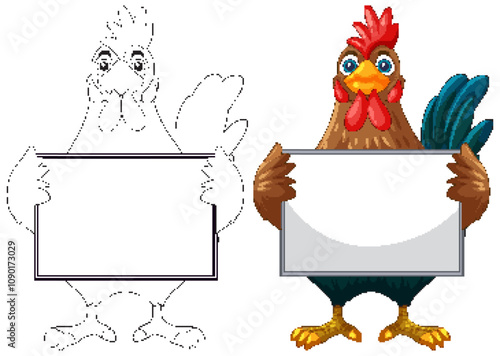 Colorful Rooster Holding Blank Sign