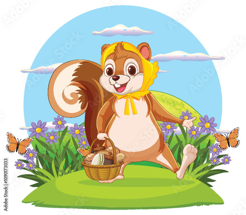 Squirrel with Basket in Meadow