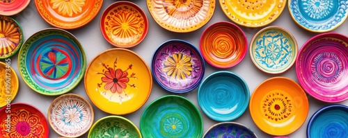 Vibrant collection of decorative, colorful ceramic plates.